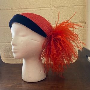 50s Red Straw Cap with Navy Velvet Trim and Pearl